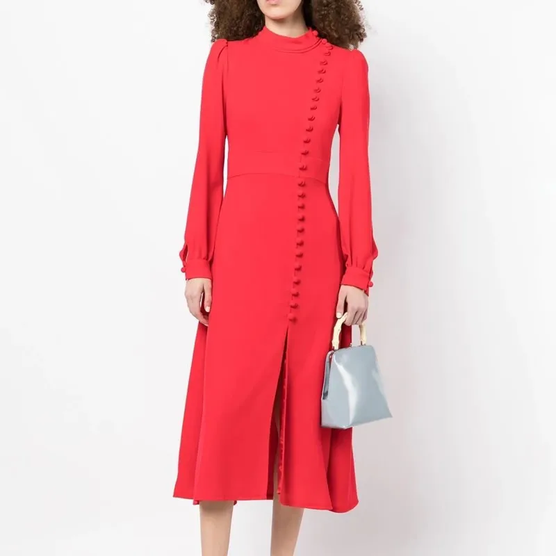 Long Sleeve OL Office Ladies Dresses Button Design Women Solid Dress