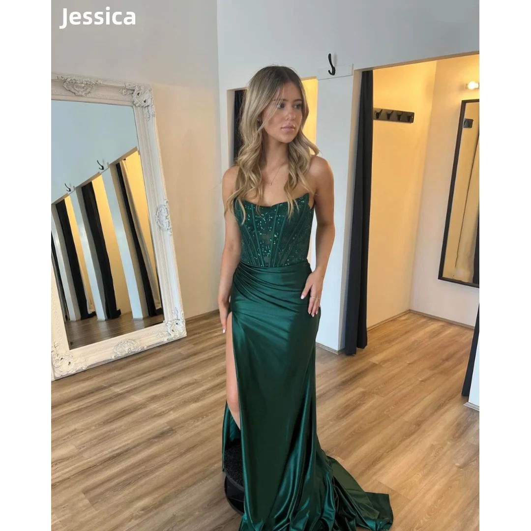 Jessica-Robe de mariée en dentelle verte, robes de Rhbrodées à paillettes, sirène sexy à épaules dénudées, robe formelle élégante, robe éducative