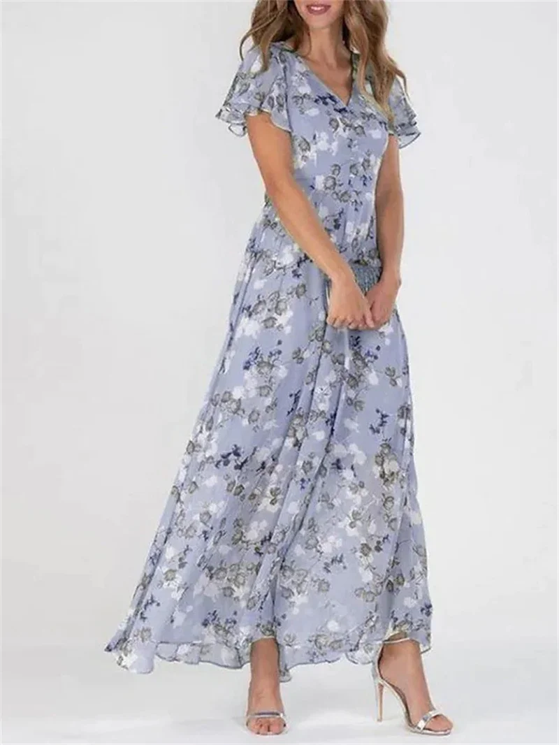 Vestido elegante pulôver com babado manga curta decote V feminino, estilo doce, estampa pequena de flores, cintura alta, vestido casual feminino, novo