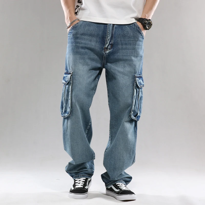 

Trendy brand letter embroidered jeans men's high street motorcycle jeans men's hip-hop loose straight leg pants