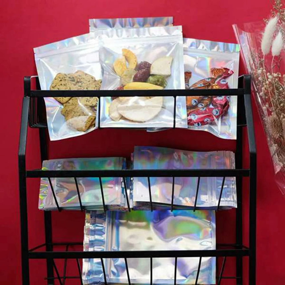 Neueste 100 Stück Zip-Lock-Beutel, Kosmetik-Kunststoff-Farbverlauf, schillernde Beutel, holografische Beutel, Reißverschlusstaschen