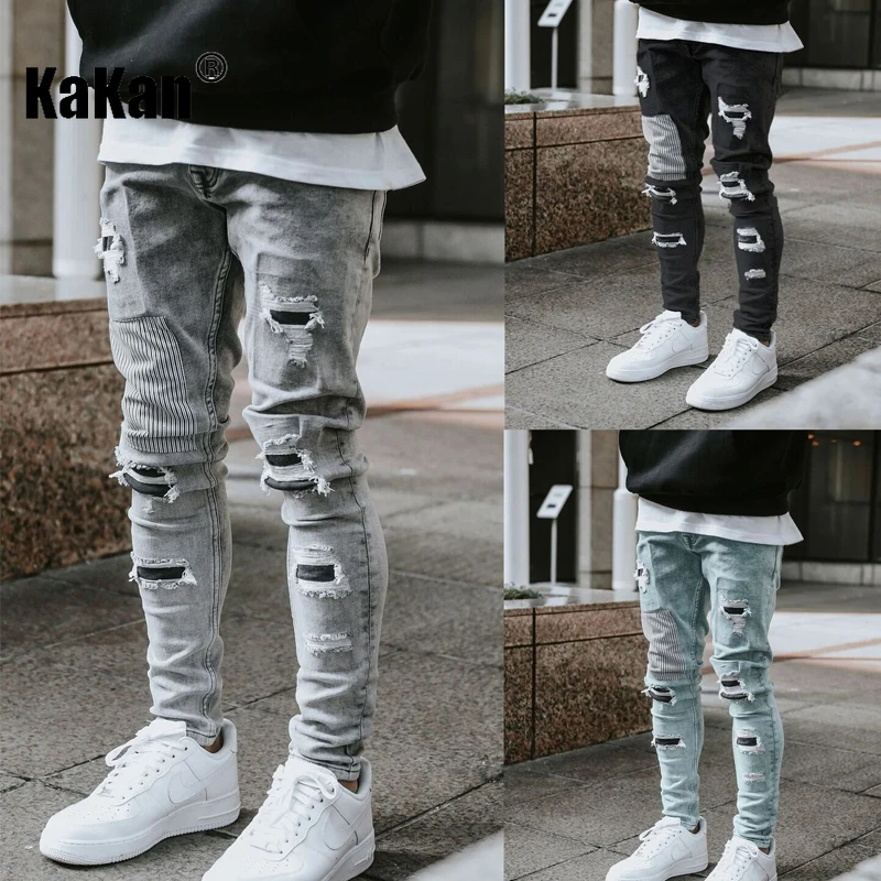 Kakan-y2k nouveaux vêtements pour hommes usés petites jambes élastiques, bottes de motoryclist minces et belles jeans longs jeans, jeans homme marque