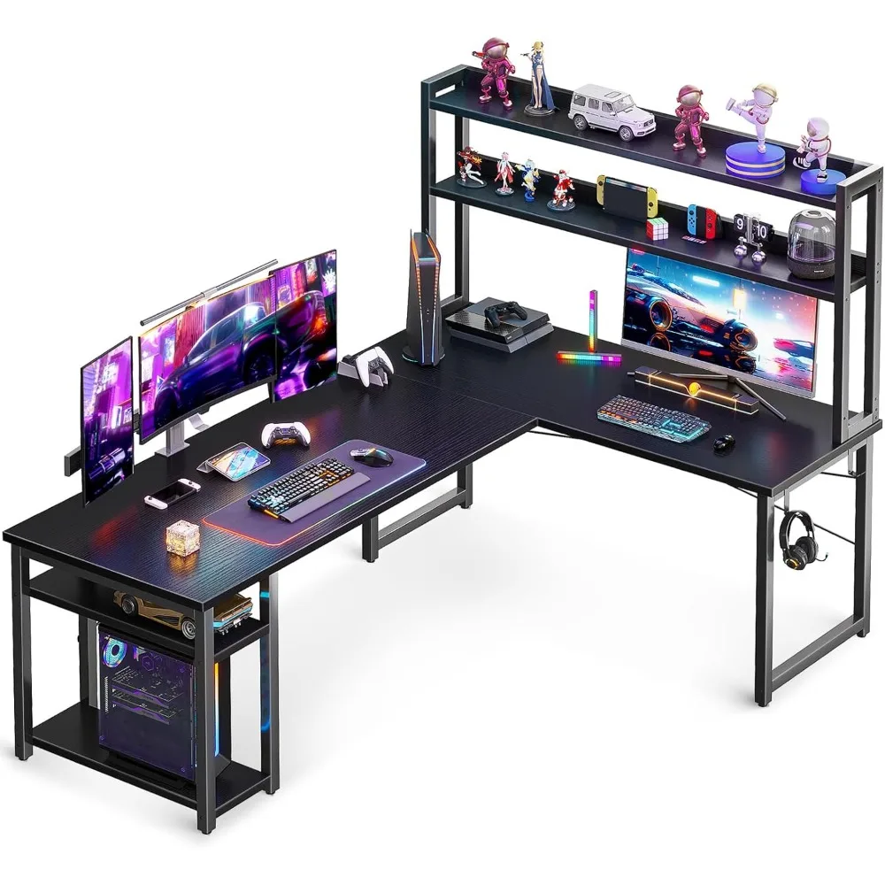 

L Shaped Gaming Desk with Hutch, Computer Desk with Storage Shelves, 66" L Shaped Desk for Home Office, Corner Desk with Headph