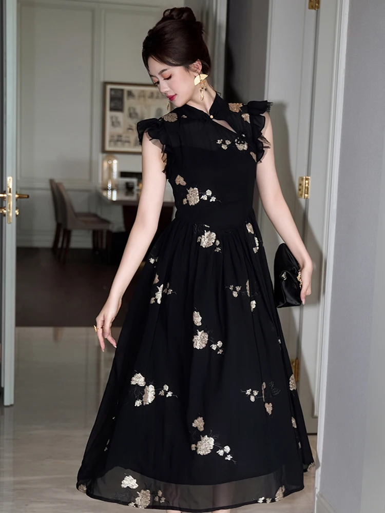 Vintage Qipao Maxi Dresses for Women Sexy Cheongsam Dress Black Sequin Embroidery Hollow Cut Out Party Robe Femme Prom Vestidos