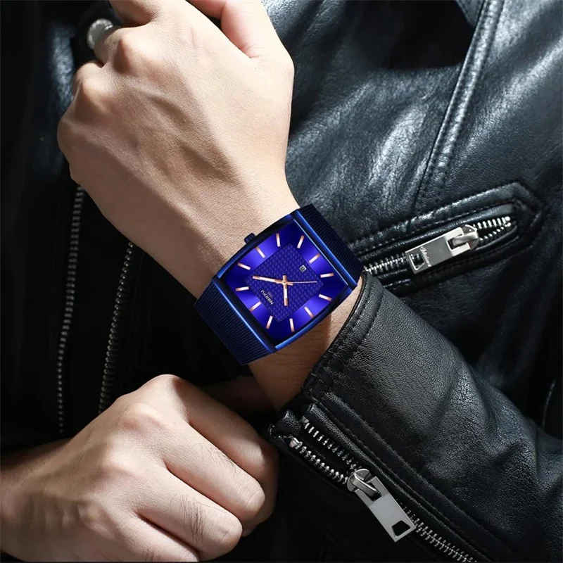 NIBOSI Ultra Thin Blue Square Mens Watches Top Brand Luxury Quartz Watch Men Waterproof Male Wristwatch Men Relogio Masculino