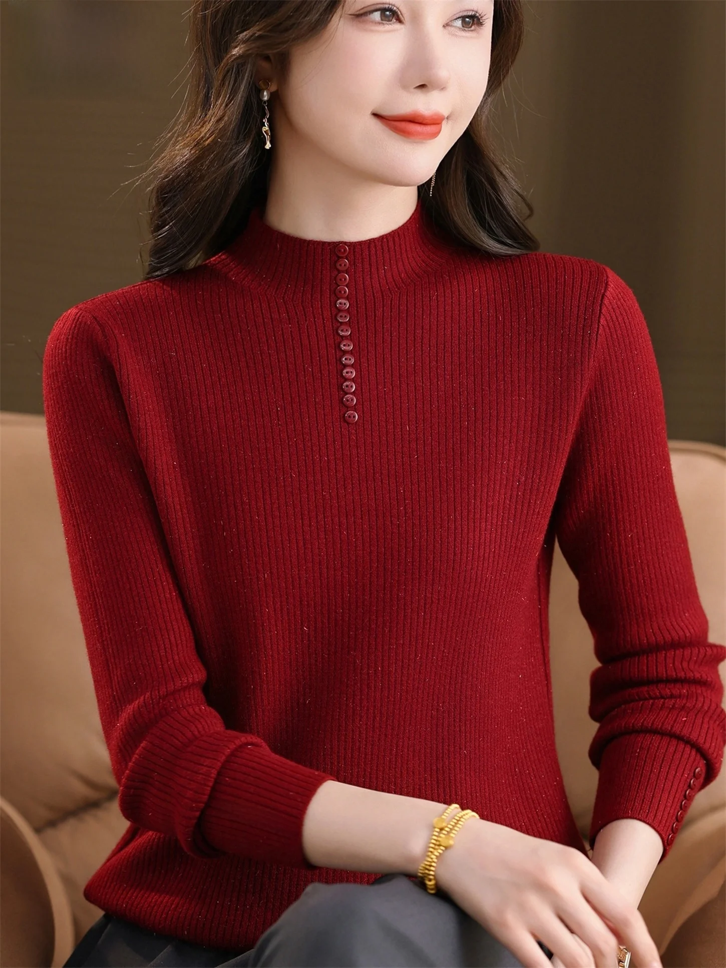 

Ele Thiened f-High Collar Sweater Simple Sle Mommy Faion Autumn Winter New Arrival Inner Wear for Middle-Aged An...
