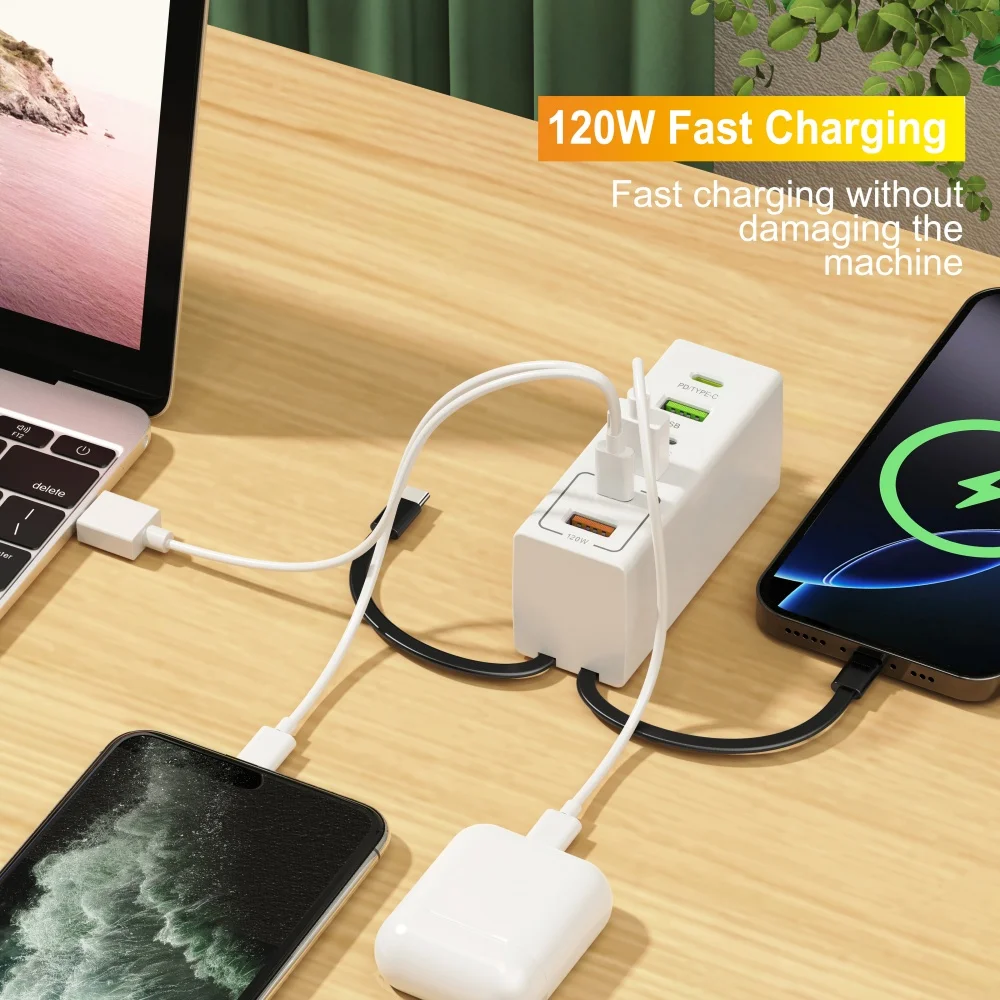120 واط شحن سريع نوع C USB شاحن الهاتف متعدد المنافذ الهاتف المحمول محول الطاقة لسامسونج هواوي آيفون Xiaomi شحن سريع
