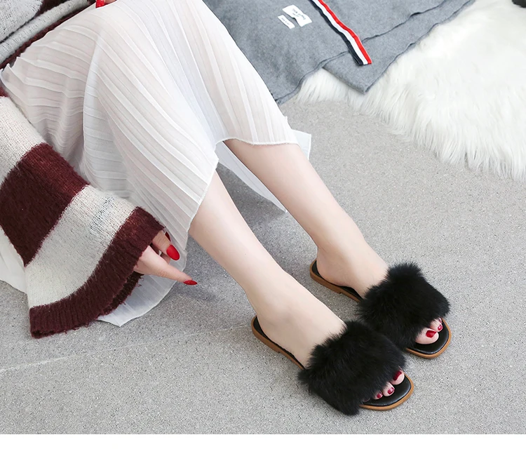 Rabbit hair slippers for women 2024 summer new Korean version fashionable casual internet celebrity flat slippers for women