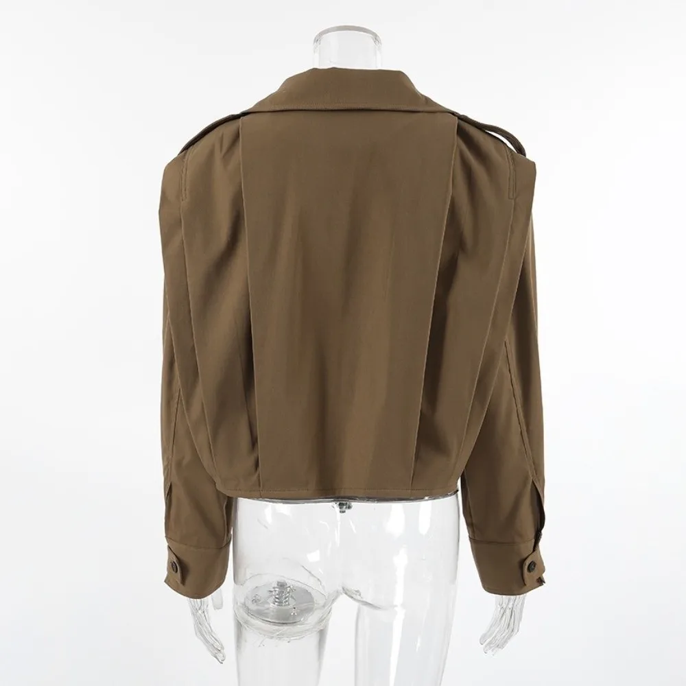 Khaki Women Cropped Trench Jacket Cropped Length Loose Fit Cropped Windbreaker Strap Cuff Lapel Collar Casual Outerwear
