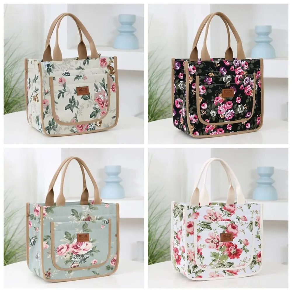 Aesthetic Floral Print Lunch Bag Insulated Large Capacity Lunch Bag Thermal Cooler Handbag For School Work Travel Picnic