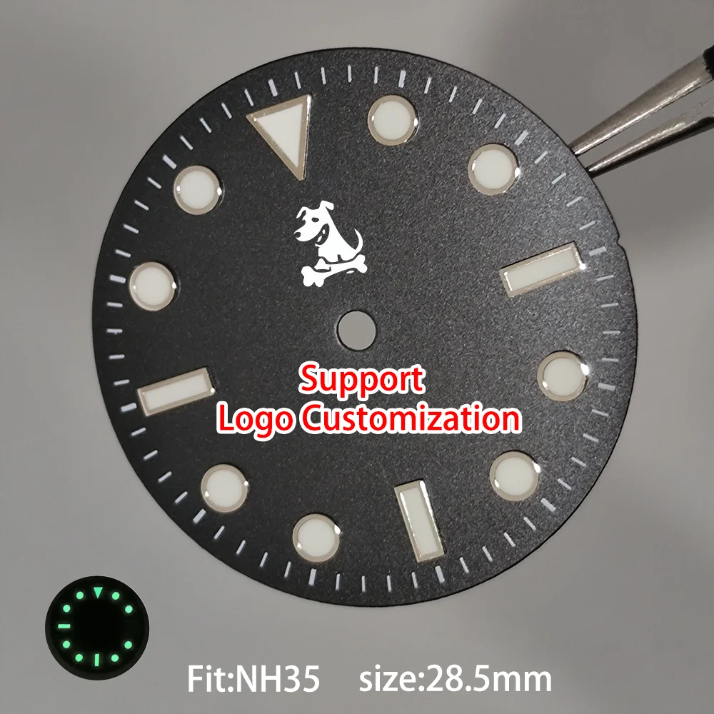 Custom Logo Watch Dial 28.5mm Suitable for NH35 Series Movements Green Luminous Men's Watches Accessories Replacement Dial