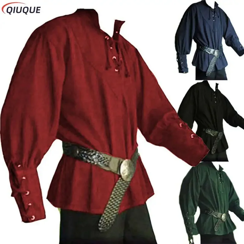 Men Medieval Vintage Pirate Cosplay Costume Laping Up Shirt Bandage Top Middle Age Renaissance Clothing For Adult S-3XL