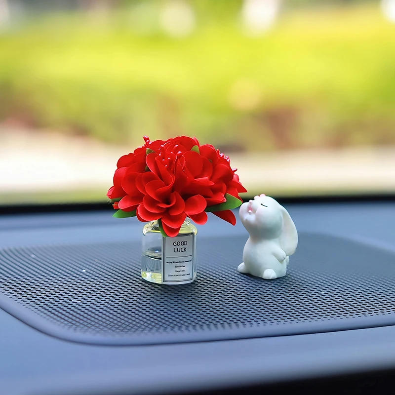 Cute Rose Flower Vase and Rabbit Car Interior Decoration Ornaments Auto Center Console Decoration Gadgets For Car Accessories