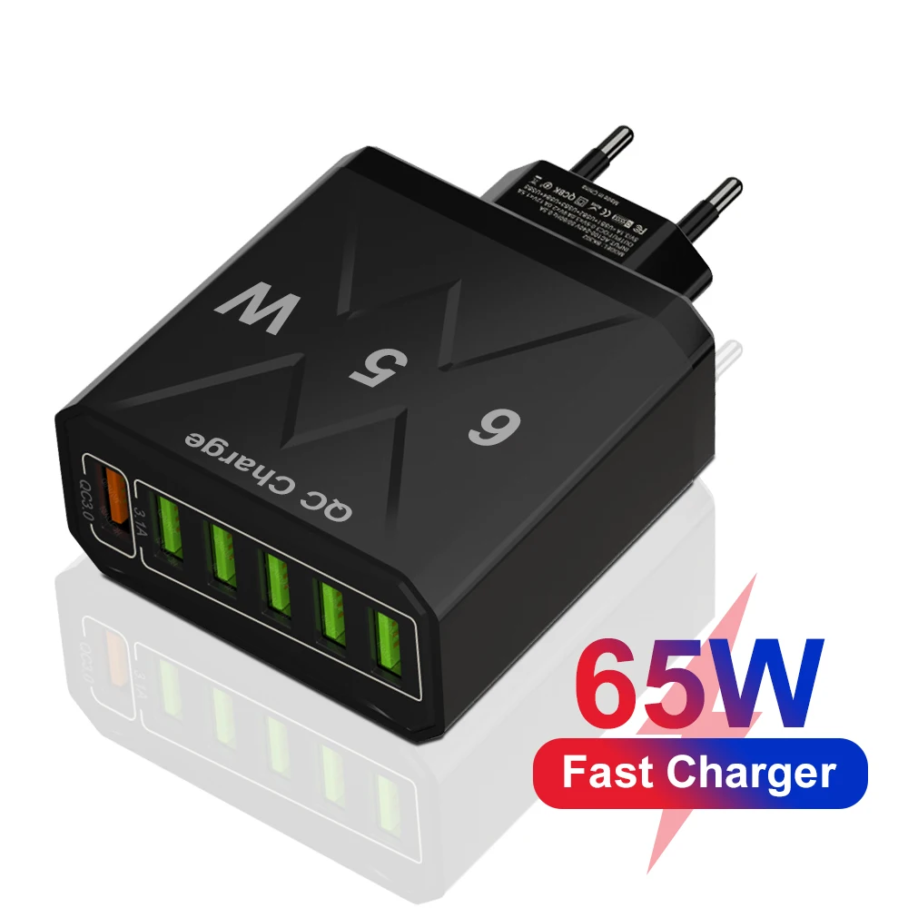 65 واط 6USB شحن سريع شاحن متعدد المنافذ عالية السرعة شاحن آيفون 16 شاومي هواوي سامسونج Meizu ممن لهم فيفو محول السفر