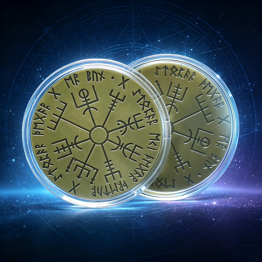 Pièce commémorative Boussole Viking Vegvisir Symbole Runes Nordiques Pièce de Défi Porte-Bonheur Cadeau Souvenir de Collection