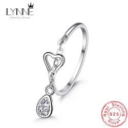 Hot Sale Fashion AAA Zircon Waterdrop Pendant Chain Rings 925 Sterling Silver Adjustable Heart Ring For Women&Girl Jewelry Gift