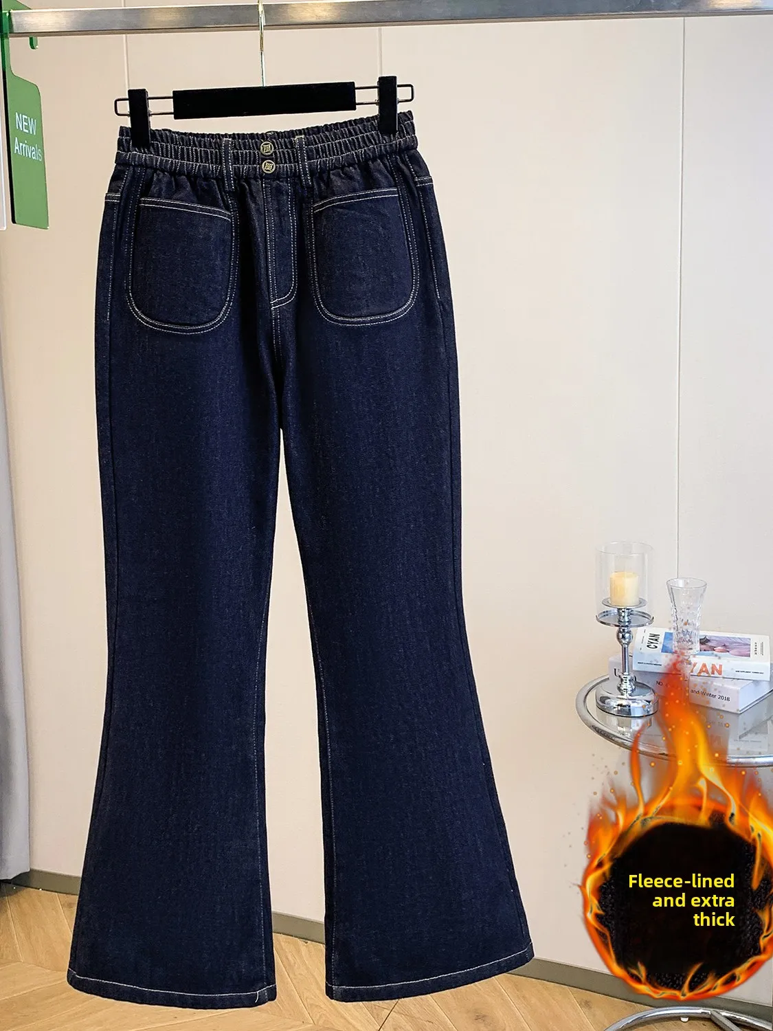 High Waist Flared Jeans Women's Winter Faion Elastic Waist Warm Cotton Pants Korean Sle  Color Casual Trousers