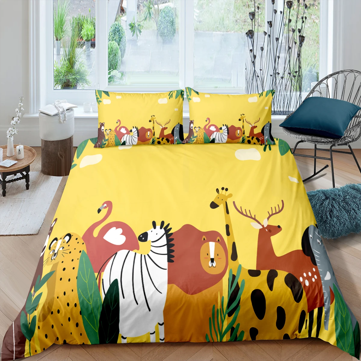 Cartoon Animals King Queen Duvet Cover Elephant Giraffe Lion Bedding Set for Kids Wildlife Yellow 2/3pcs Polyester Quilt Cover