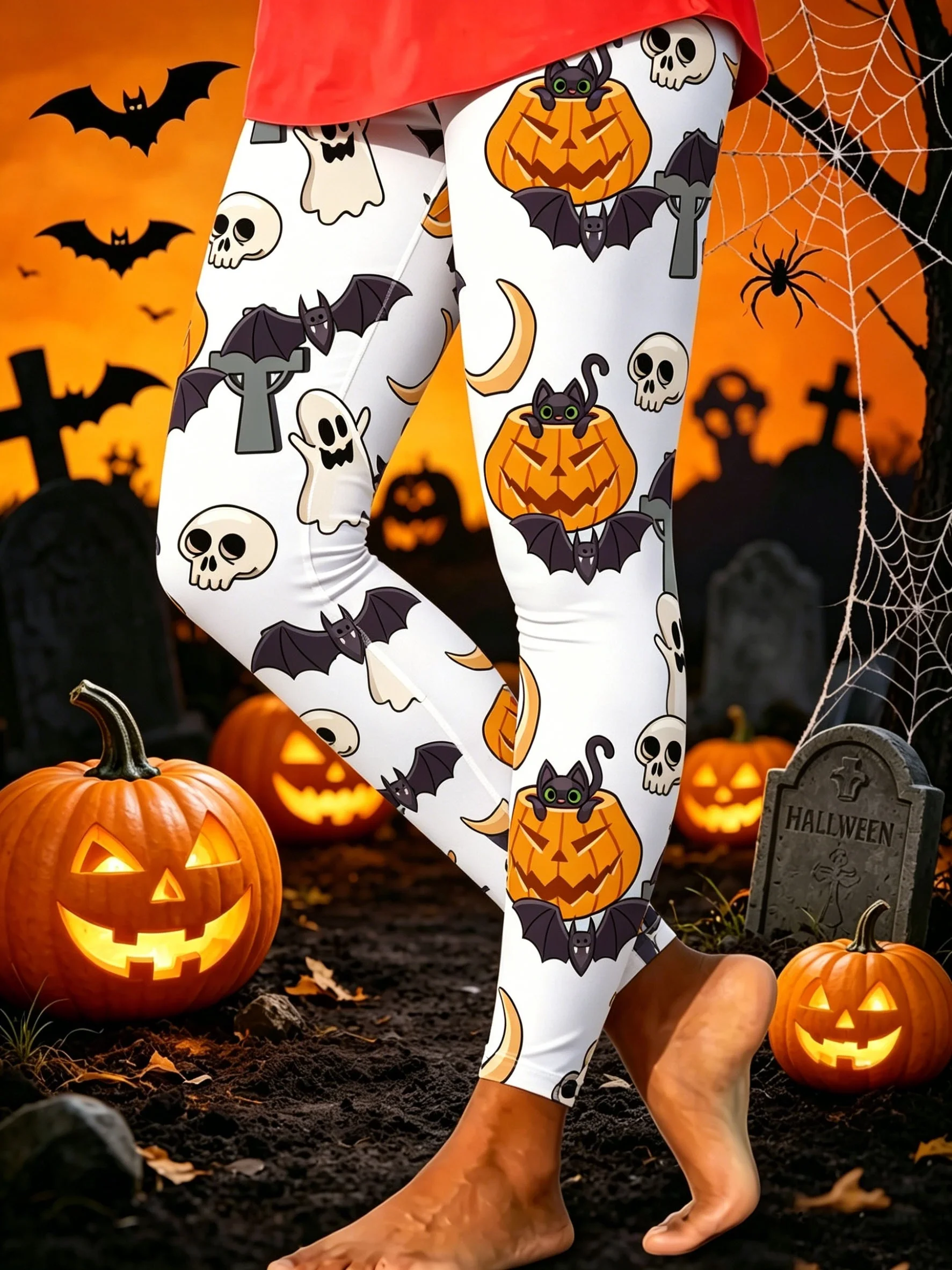 Women Mid‑Rise Fleece Lined Leggings Halloween Pumpkin Skull Ghost Bat Print Soft Stretch Warm Ladies Party Pants