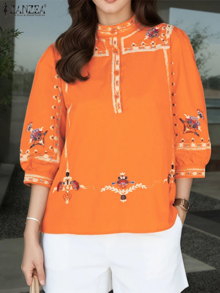 ZANZEA بلوزات نصف زر مطبوعة على الطراز العرقي للنساء لخريف 2025 بياقة الماندرين 3/4 كم فانوس بلوزات غير رسمية