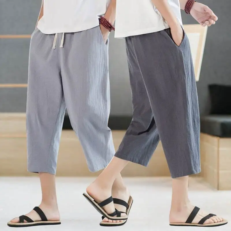 

Men's Summer Ice Silk Seven-Foot Pants Loose Sports Casual Faion Qui-Drng Sweatpants Straight Leg High Waist Cotton Linen