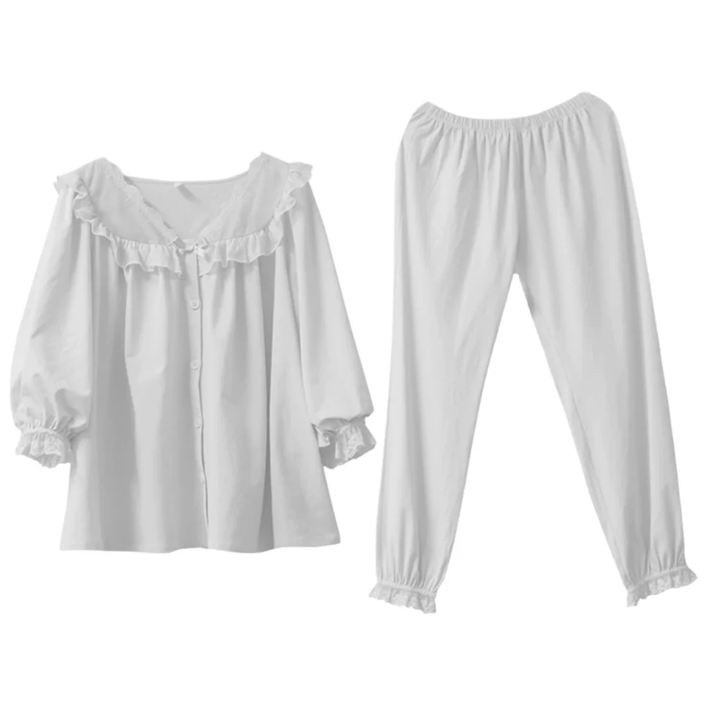 Women's Pajama Set For Spring Summer Long-sleeved V-neck Loose Home Wear Retro Court Style Soft Comfortable Cotton Pajamas Suit