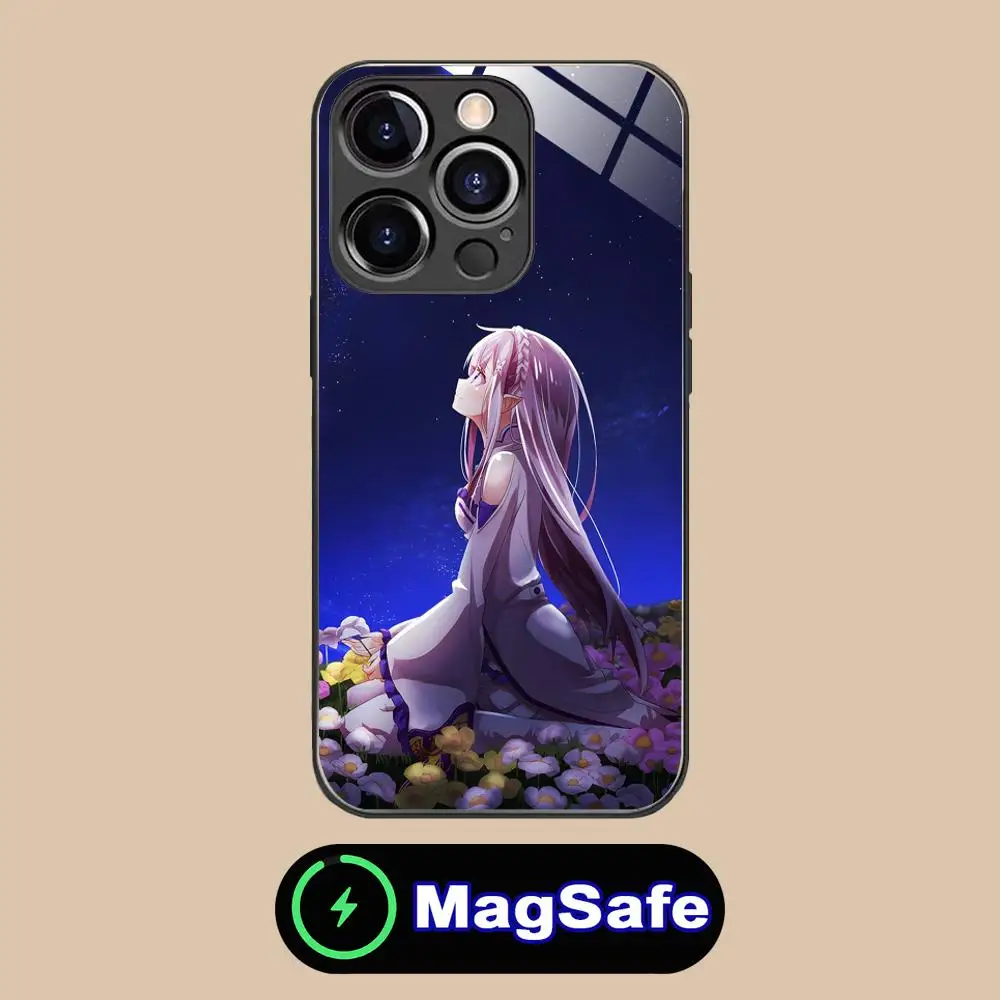 حافظة هاتف محمول ReZero Emilia Waifu لهاتف iPhone 17 16 15 14 13 12 11 Pro Max Plus Mini MagSafe غطاء ملون زجاجي فاخر جدًا