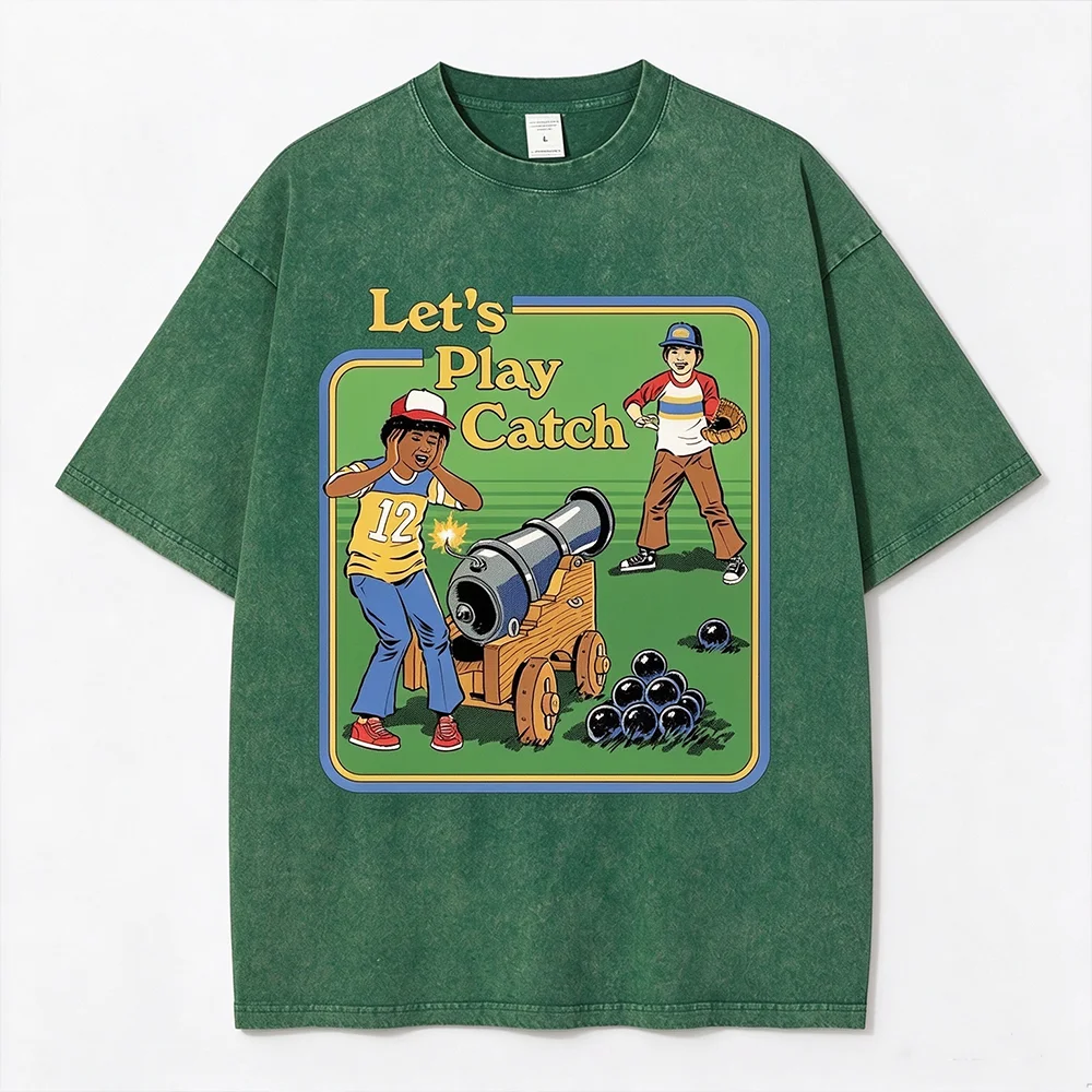 Let's Play Catch Vintage Cartoon Graphic T Shirt Unisex Retro Funny Cannon Baseball Print Oversized Short Sleeve Tee Washed Tops