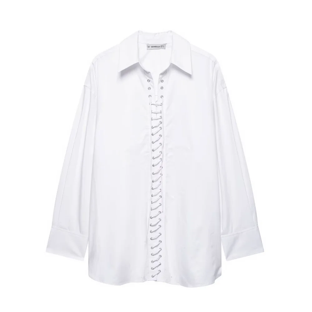 

UNIZERA women's loose fitting top with collar long sleeves front tie buttons spring and summer new style temperament shirt