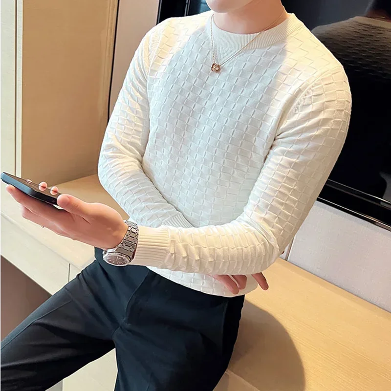 Autumn Winter Stretch Jacquard Woven O-Neck Sweater Men\'s Waffle Slim Fit Long Sleeve Knitted Pullovers Casual Streetwear Homme