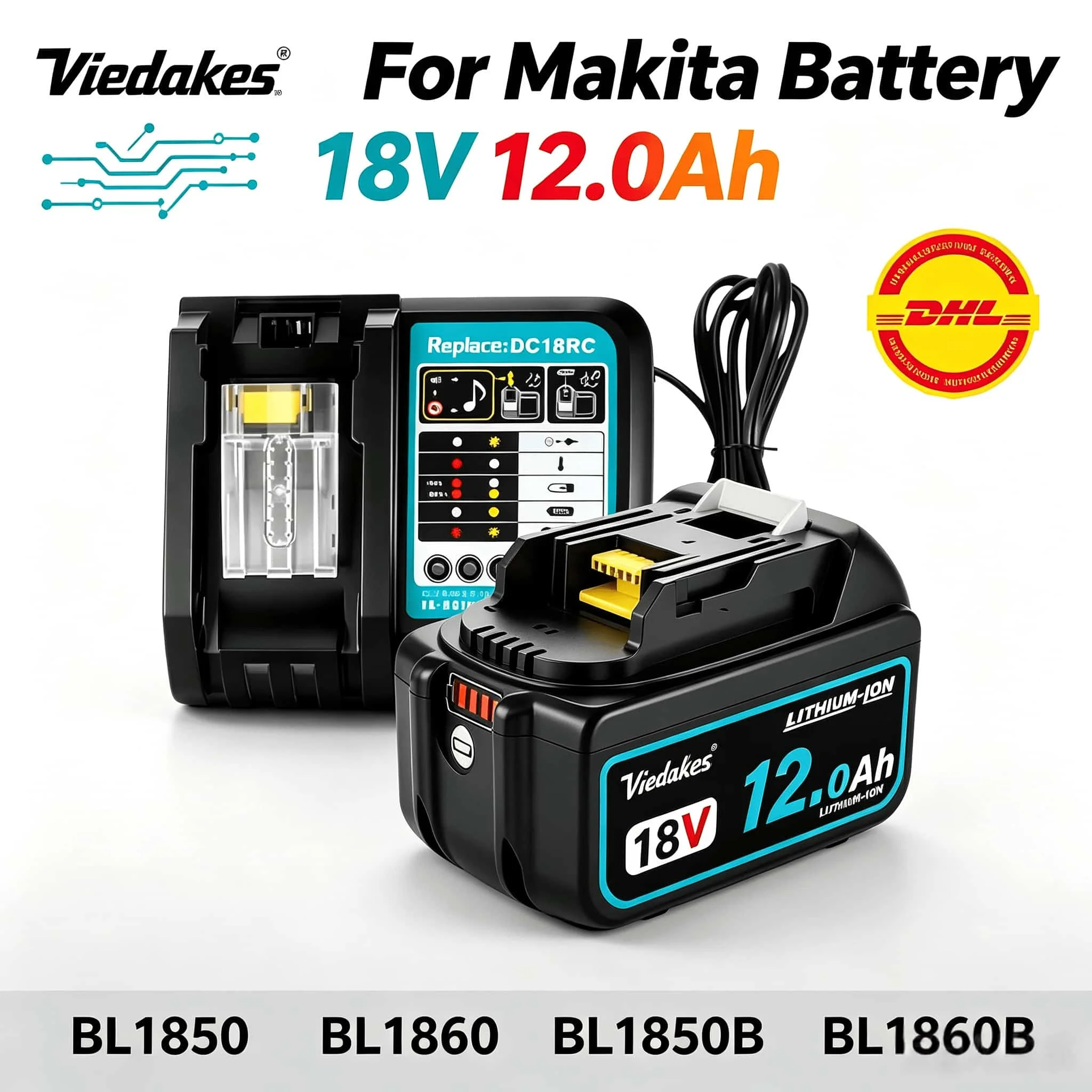Viedakes 12000mAh LXT Battery Unit For Makita 18V BL1860 BL1860B Compatible DHP487 DHR242 Cordless Construction Hammer Drill