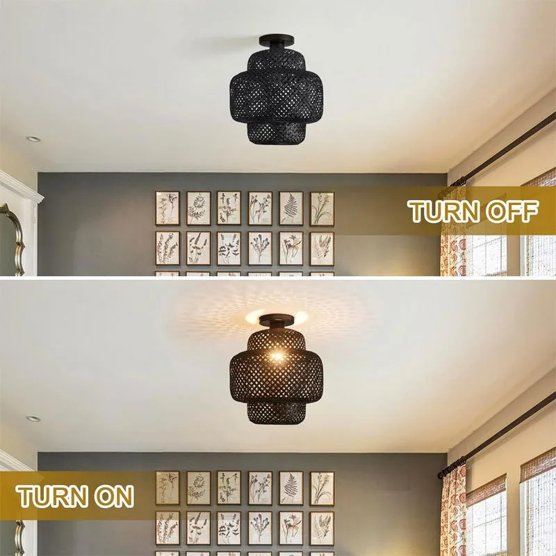 JOYINLED Bamboo Woven Ceiling Light Black Beige Semi Flush Mount Lamp Shade Chinese Restaurant Zen Tea Room Homestay Inn Bedroom