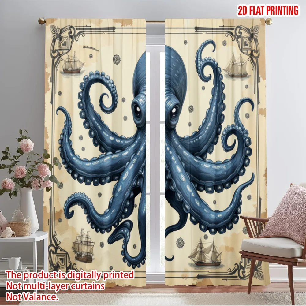2pcs,2D plane printing Print Curtains Nautical Kraken Versatile Fabric (without rod) All Seasons Use for Living Room, Office,