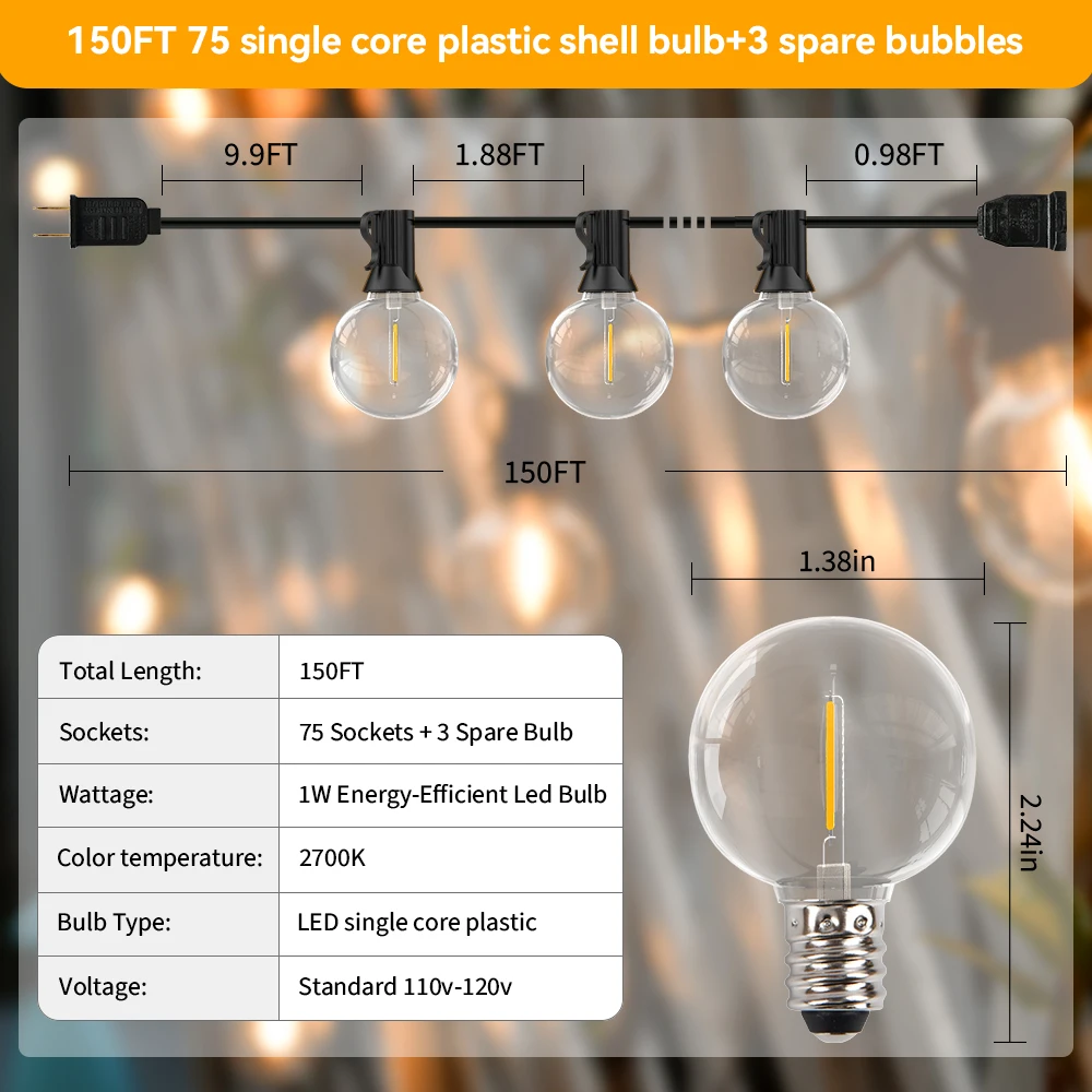 LED String Light 150FT G40 Fairy Garland Light Connectable Christmas Garden Light With Retro Bulb For Backyard House Decorations