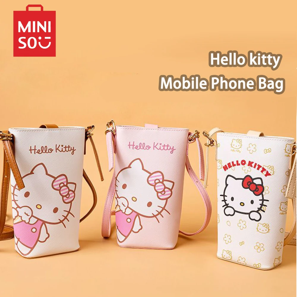 

Leather Hello kitty Mobile Phone Bag Crossbody Small Woman Miniso Shoulder Bags Girl Square Phone Pouch Bag Anime Birthday Gift