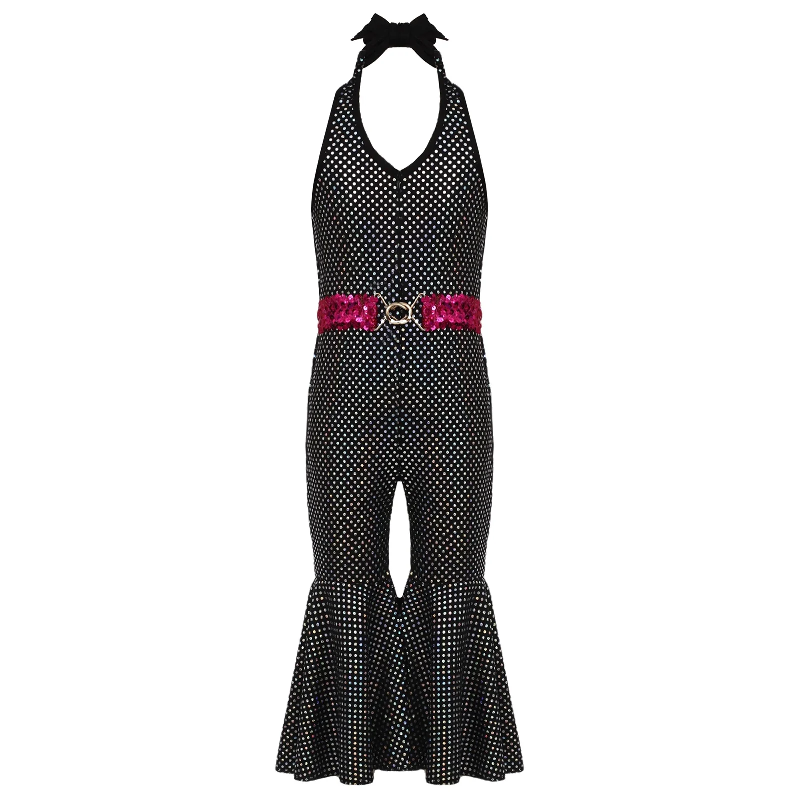 Kids Girls Retro Disco Jumpsuit Shiny Sequins Halter Sleeveless Flare Pants Bodysuit for Hippie Rave Party Stage Performance view 3