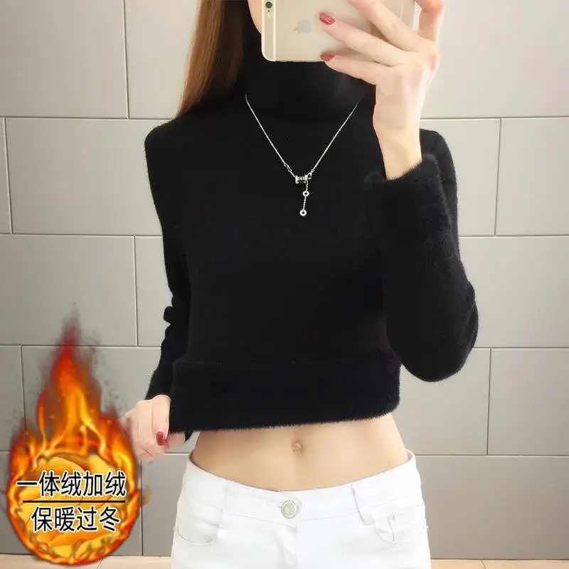 Turtleneck Winter Sweater Women Korean Fleece Lined Knitted Sueter  Soft Warm Long Sleeve Jersey Pullover Casual Knitwear Tops