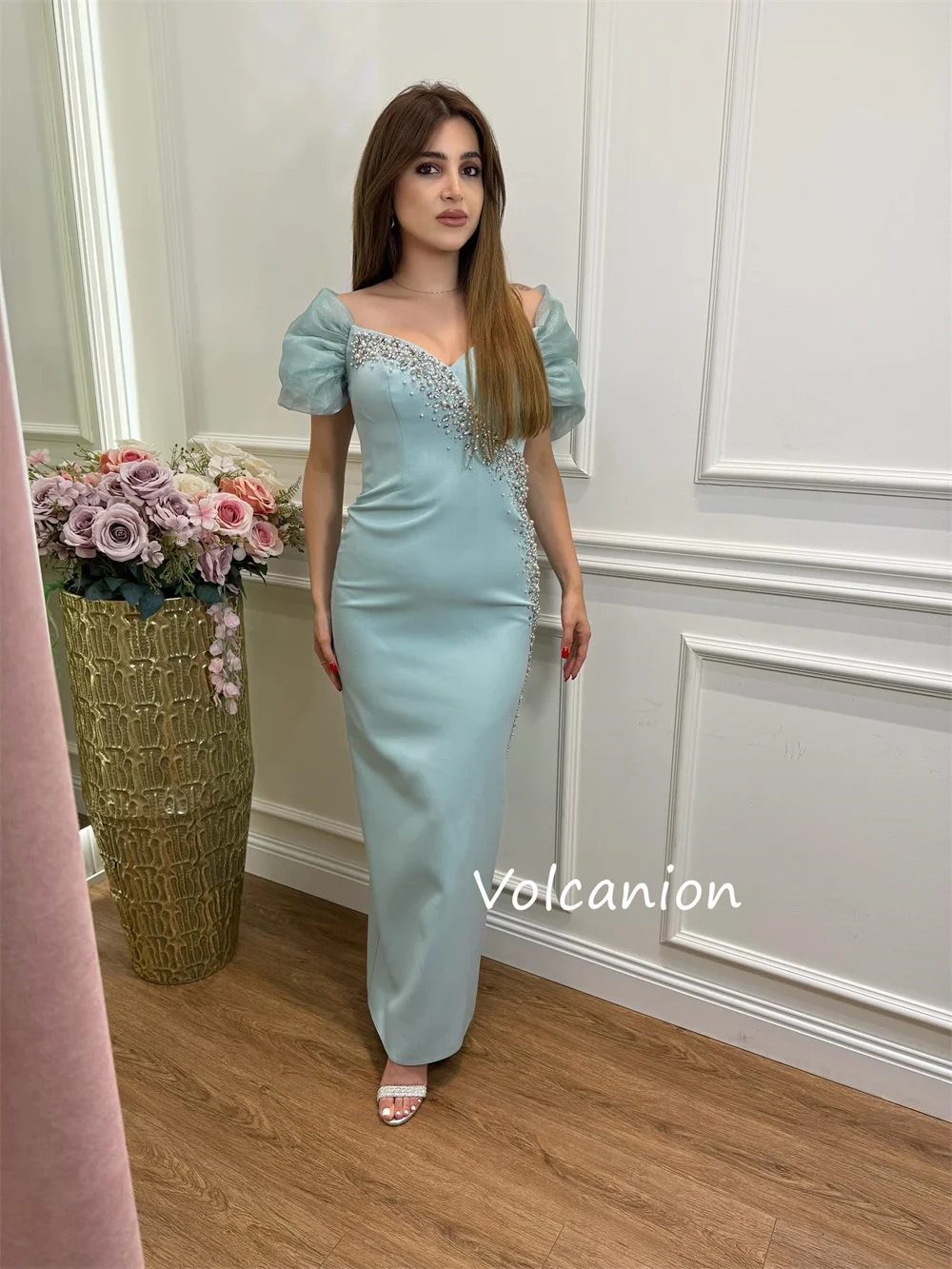 カスタマイズされたファッションジャージースパンコールプリーツストレートVネックミディドレスオーダーメイドの機会サイズ利用可能マッチング