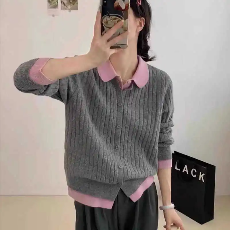 

2024 Early Spring Women New Contrast Color Lapel Cardigan Female Long Sleeve Sweater Coats Ladies Loose Knitted Jackets Z387