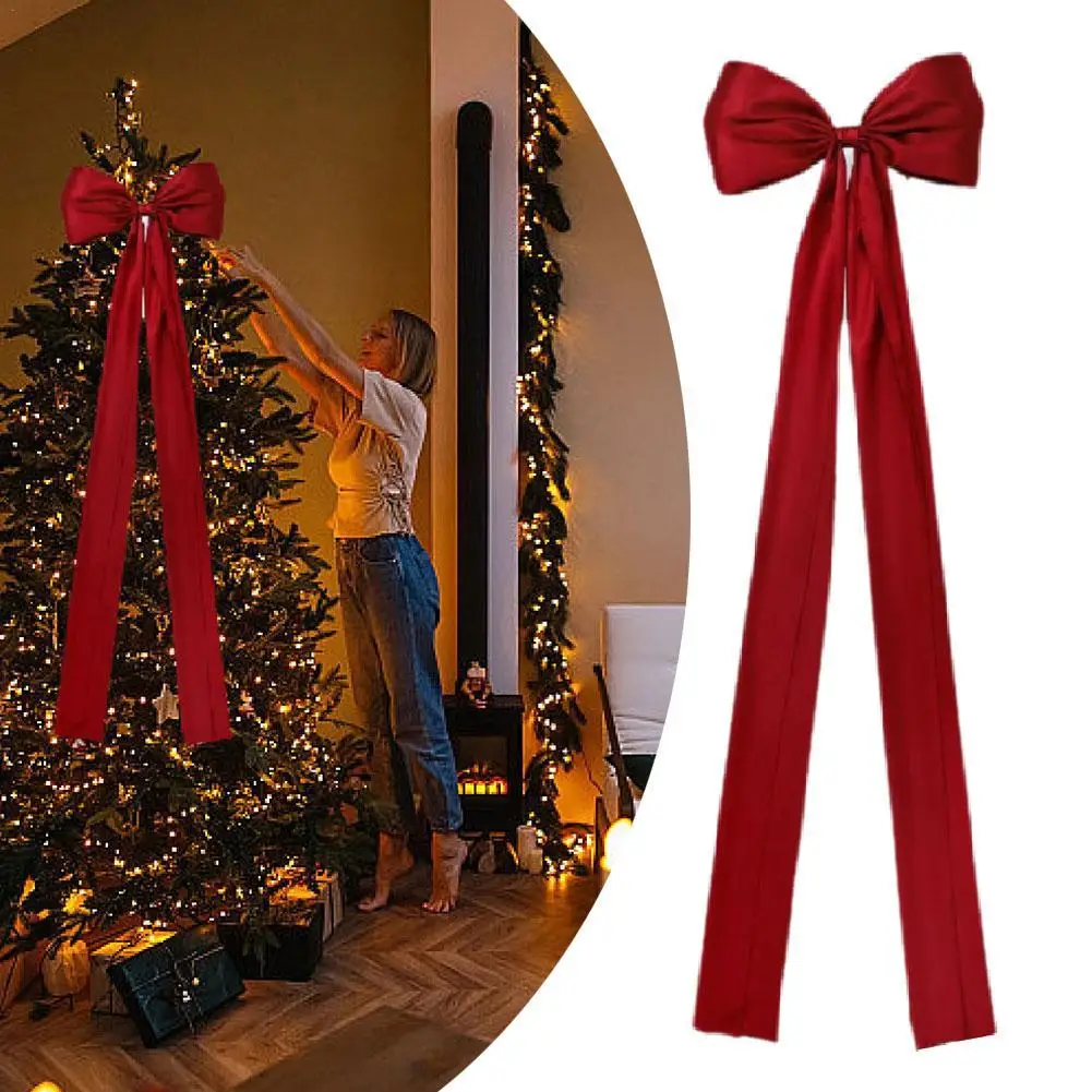 Lazo de adorno de árbol de Navidad de gran tamaño, lazo de satén rojo de 16x57 pulgadas con serpentinas largas, decoraciones festivas para fiestas navideñas, 1 Uds.