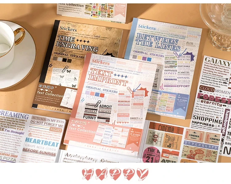 20 Sheets/pack Retro English Lable Sign Characters Letters Collage Washi Paper Sticker Book for Scrapbooking Junk Journal Diary