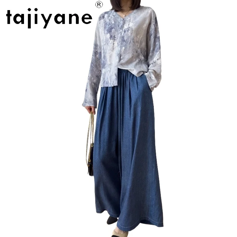 TAJIYANE 100% Real Mulberry Silk Wide Leg Pants Woman Denim Blue Print Casual Spring Summer Trousers 2026 Women Clothes джинсы