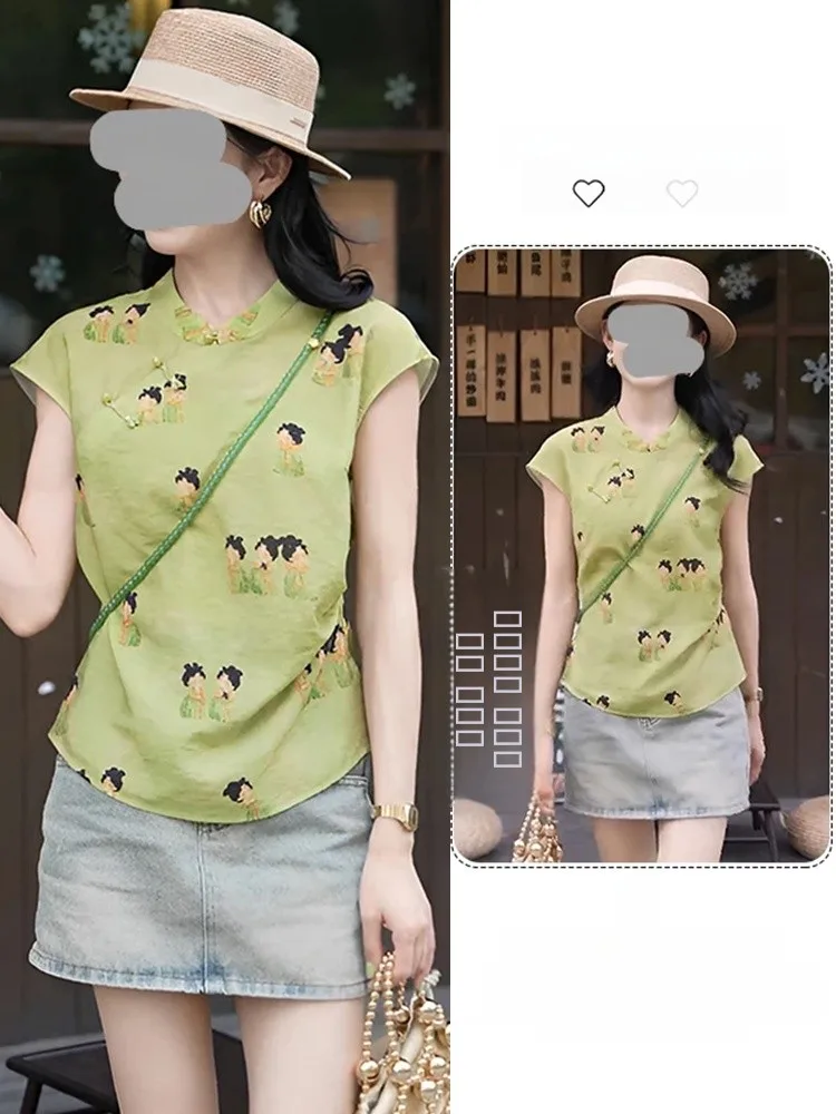 

New Chinese Sle Embroidered ort Sve T-irt Women's Slim Fit Summer Faion Top Breathable Skin-Friendly Casual irt