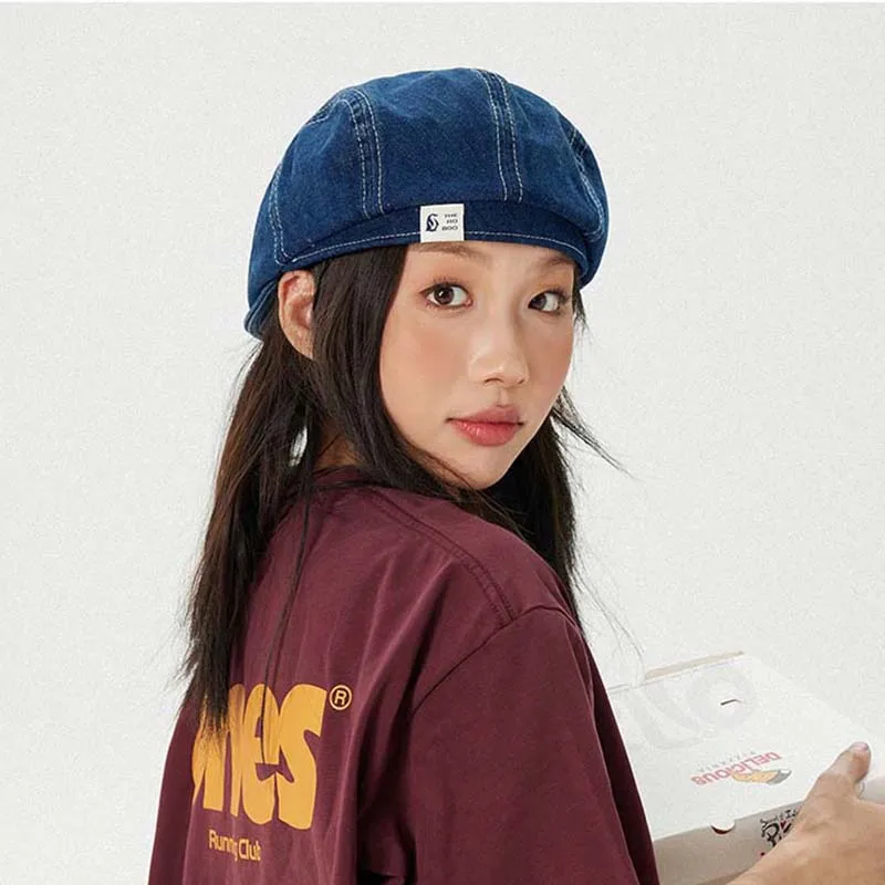 Retro Cotton Denim Berets For Men Spring Summer Simple Snakback Skull Cap For Women Street Punk Rock Forward Cap Newsboy Cap