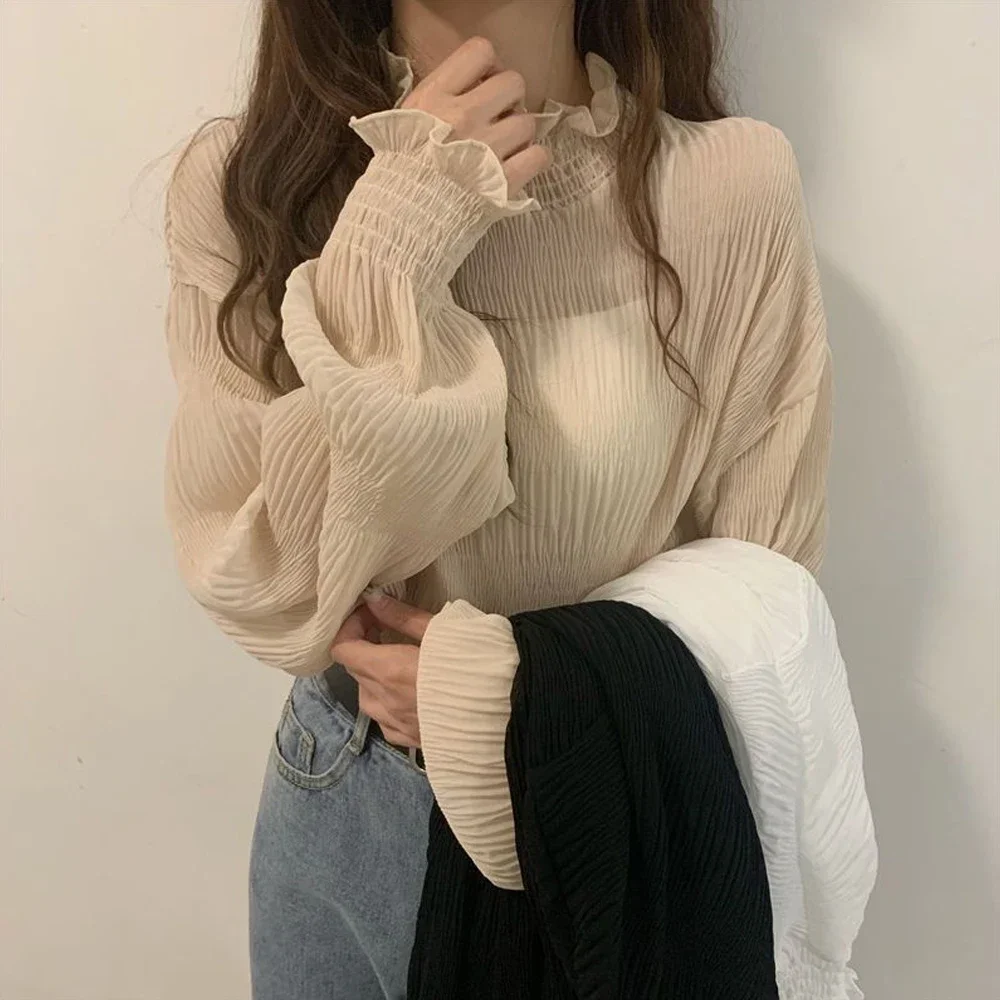 

Women Petal Collar Flare Sleeve Pleated T Shirt M-XXL Black White Apricot Color Girls Lovely Turtleneck Female Tops Clothes