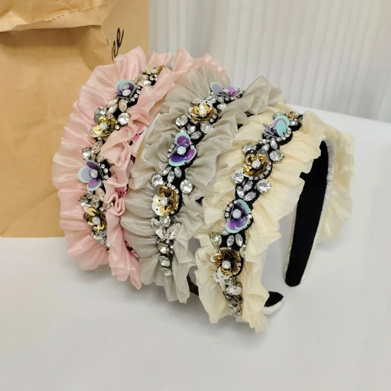 

Новая резинка для волос с рюшами и стразами ручной работы, ободок для волос, милый ободок для путешествий, обруч для волос, аксессуары для прически