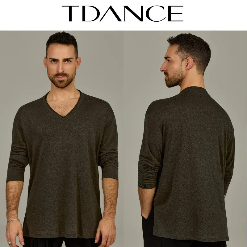 

Мужской латинский топ TDANCE с V-образным вырезом и длинными рукавами, для тренировок, текстурированный, вязаный, повседневный, простой, модель BS-68