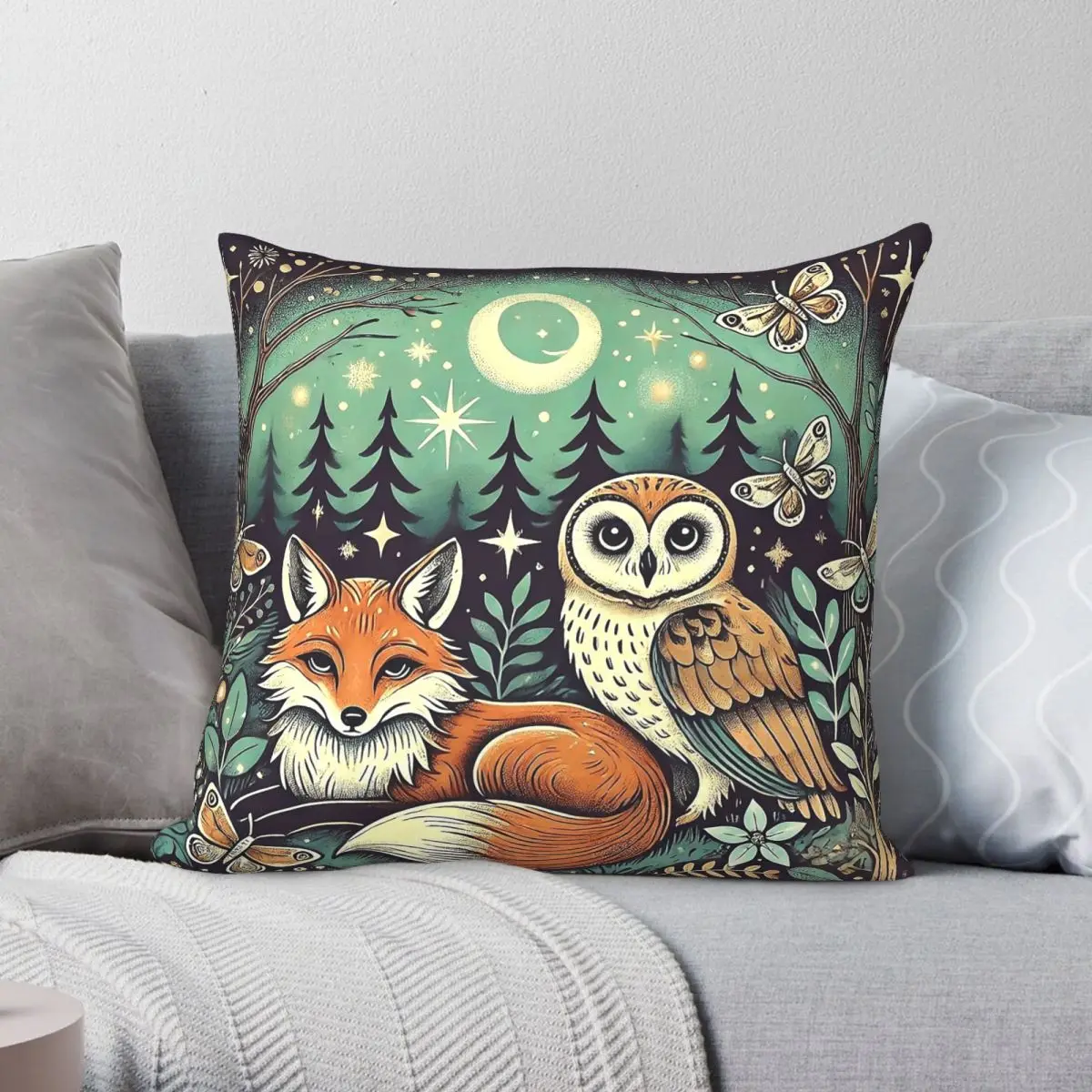 Fox Owl Twilight Forest Square Pillowcase Polyester Linen Velvet Pattern Zip Decor Throw Pillow Case Sofa Seater Cushion Cover