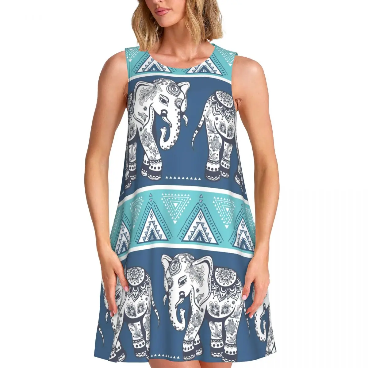 Vestido Vintage Estampado Floral Blanco con Diseño de Elefante, Vestido Sexy para Mujer, Cuello Redondo, Estilo Urbano, Ideal para Citas, Idea de Regalo