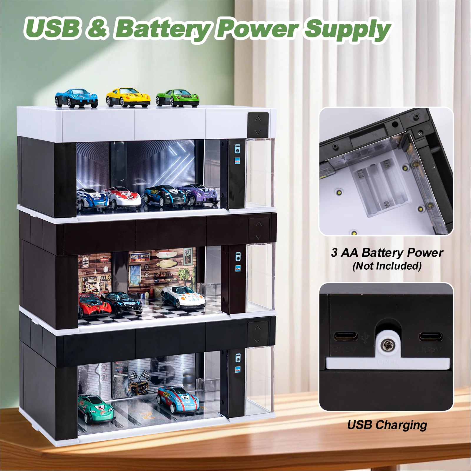 1/64 Scale Garage Scene Model Car Display Box with Light And Voice Control Electronic Door - Simulation Parking Series